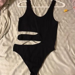 Black part opened waist body suit
